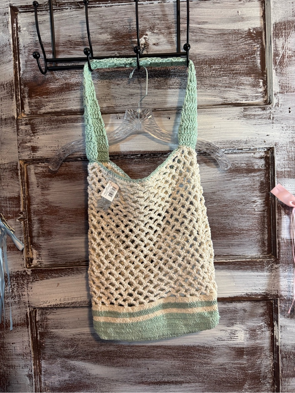 Handwoven Crochet Satchel in Cream and Mint